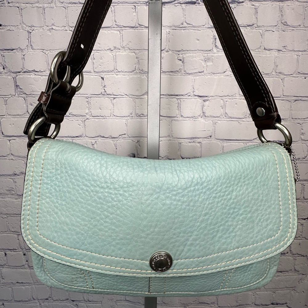 Vintage Coach Chelsea Light Blue Pebbled Leather Flap Hobo Shoulder Bag